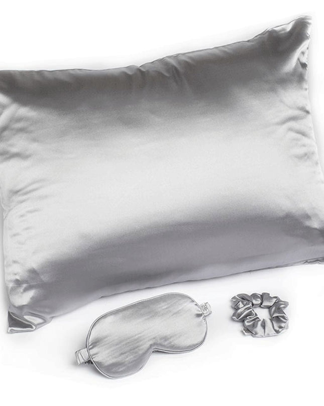 Giftable Gray Goodnight Gorgeous Satin Sleep Set [Includes Pillowcase, Sleep Mask + Scrunchie]