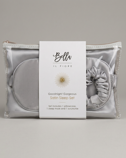 Giftable Gray Goodnight Gorgeous Satin Sleep Set [Includes Pillowcase, Sleep Mask + Scrunchie]