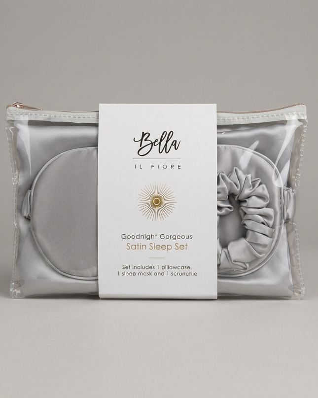 Giftable Gray Goodnight Gorgeous Satin Sleep Set [Includes Pillowcase, Sleep Mask + Scrunchie]